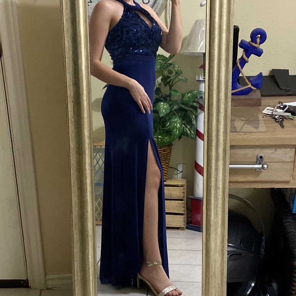 Navy/Royal blue floor length halter top dress